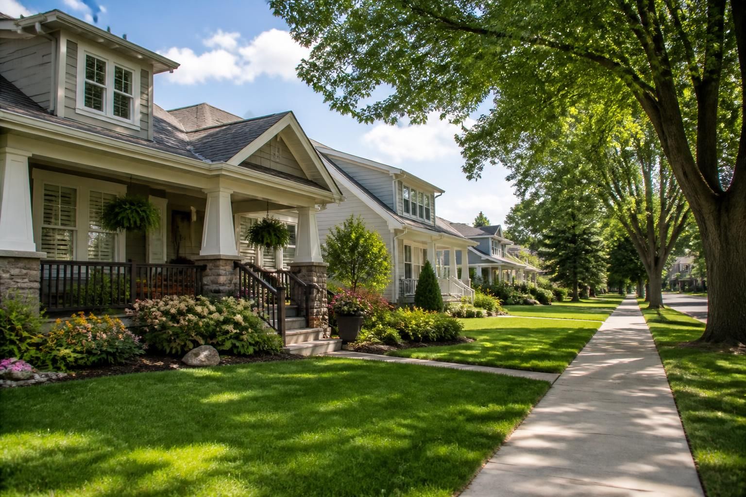 Well-kept suburban streetscape in DeWitt with green lawns and homes.