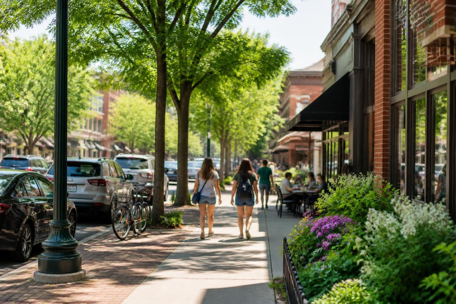 Tree-lined East Lansing street with a polished commercial district.