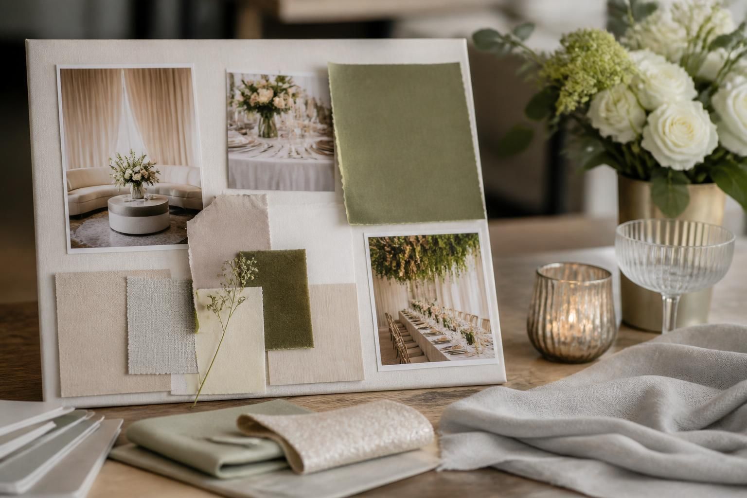 Styled event planning consultation setting with samples and decor references.