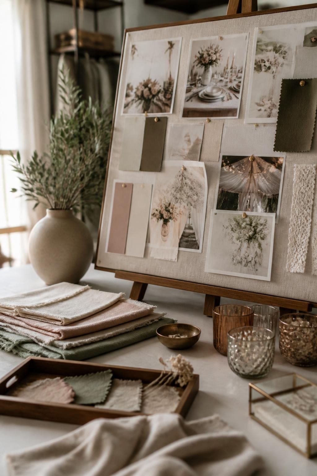 Styled event planning studio with mood boards and organized decor samples.