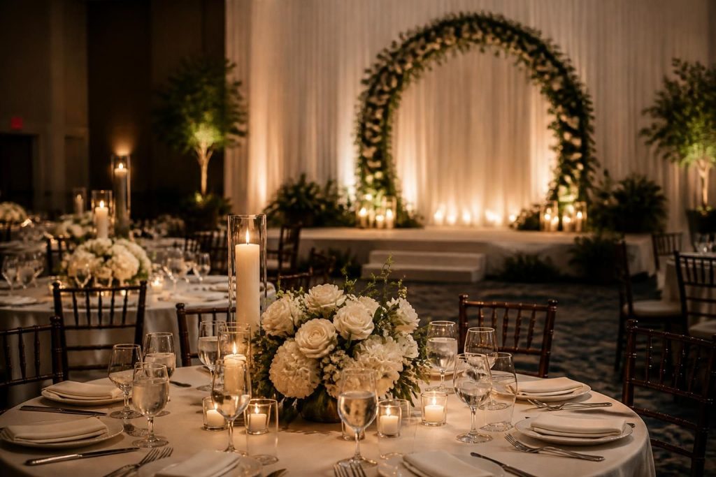 Elegant event reception setup with a softly lit backdrop and refined tablescape.