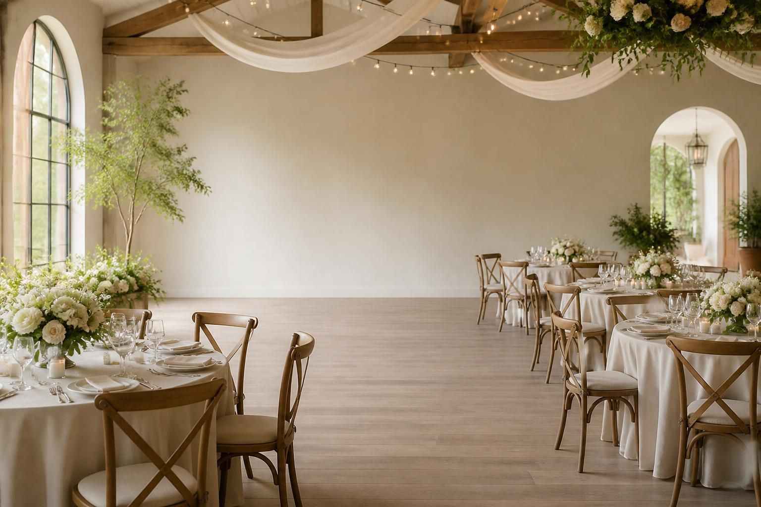 Beautifully finished event venue with polished place settings and soft floral accents.
