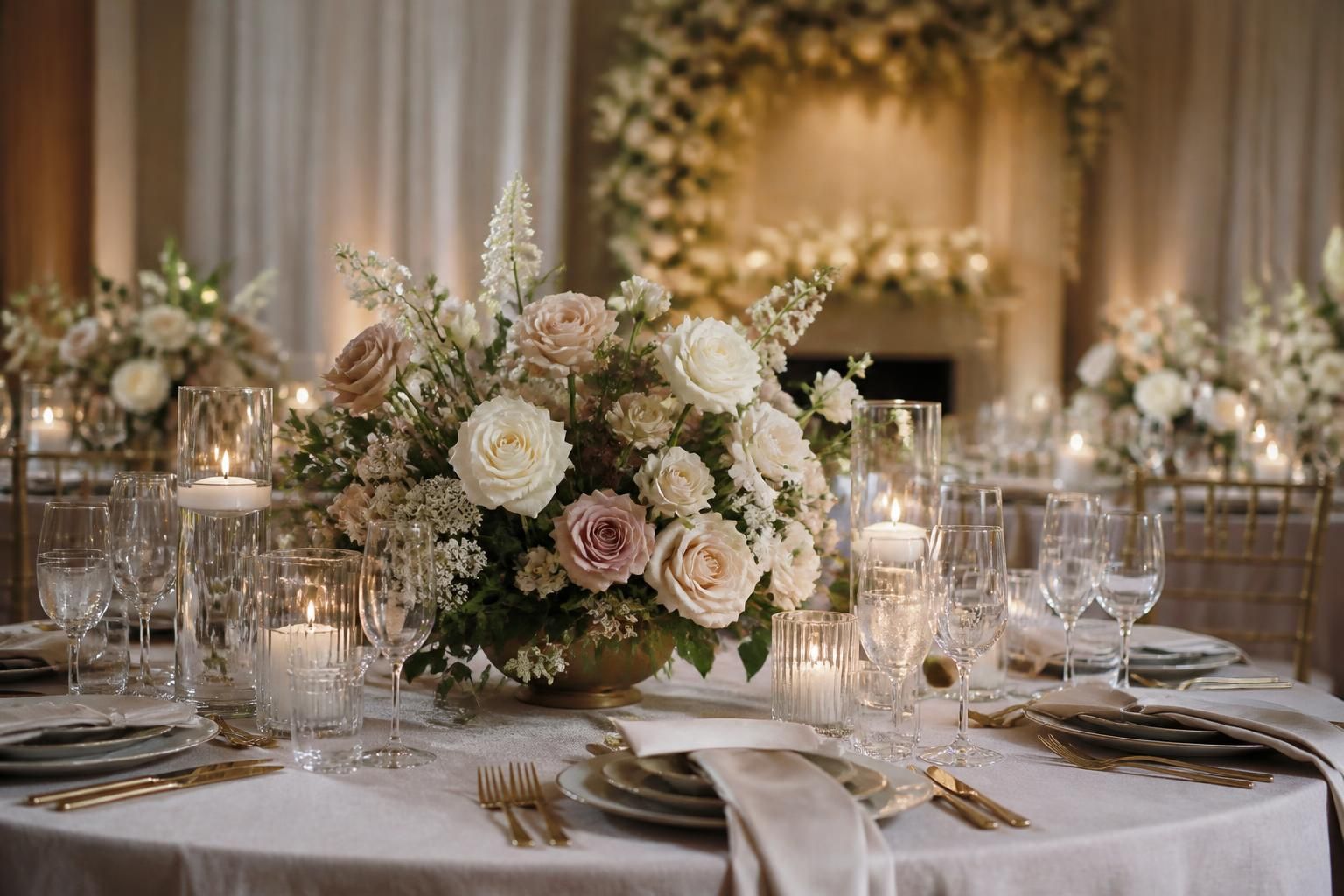 Fully planned celebration with layered florals and cohesive venue design.