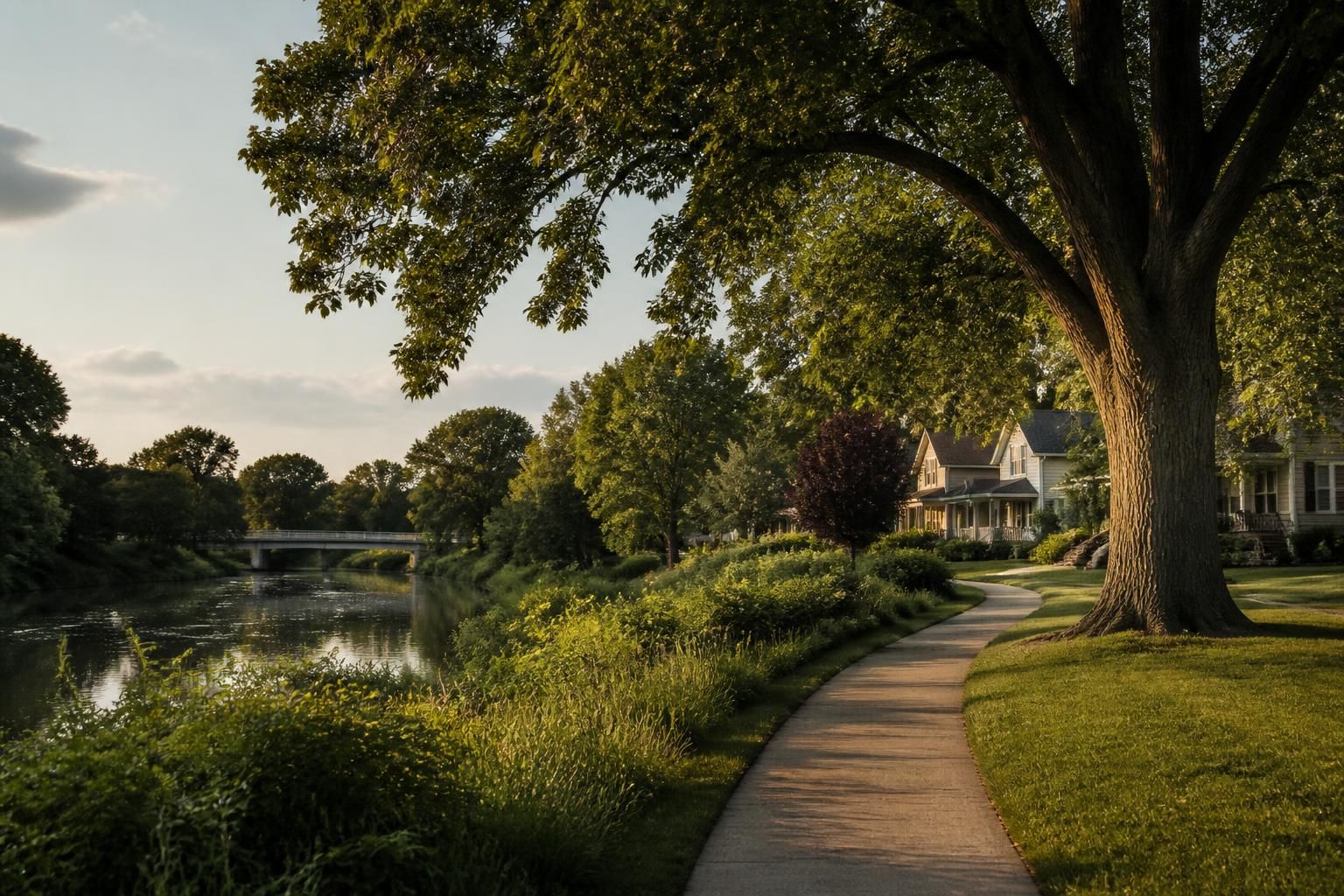 Scenic Grand Ledge neighborhood edge with mature trees and calm atmosphere.