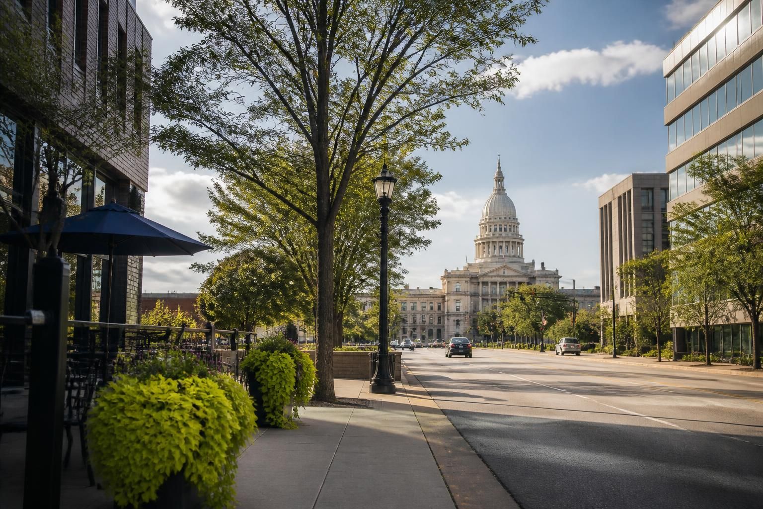 Downtown Lansing streetscape with modern buildings and mature trees.