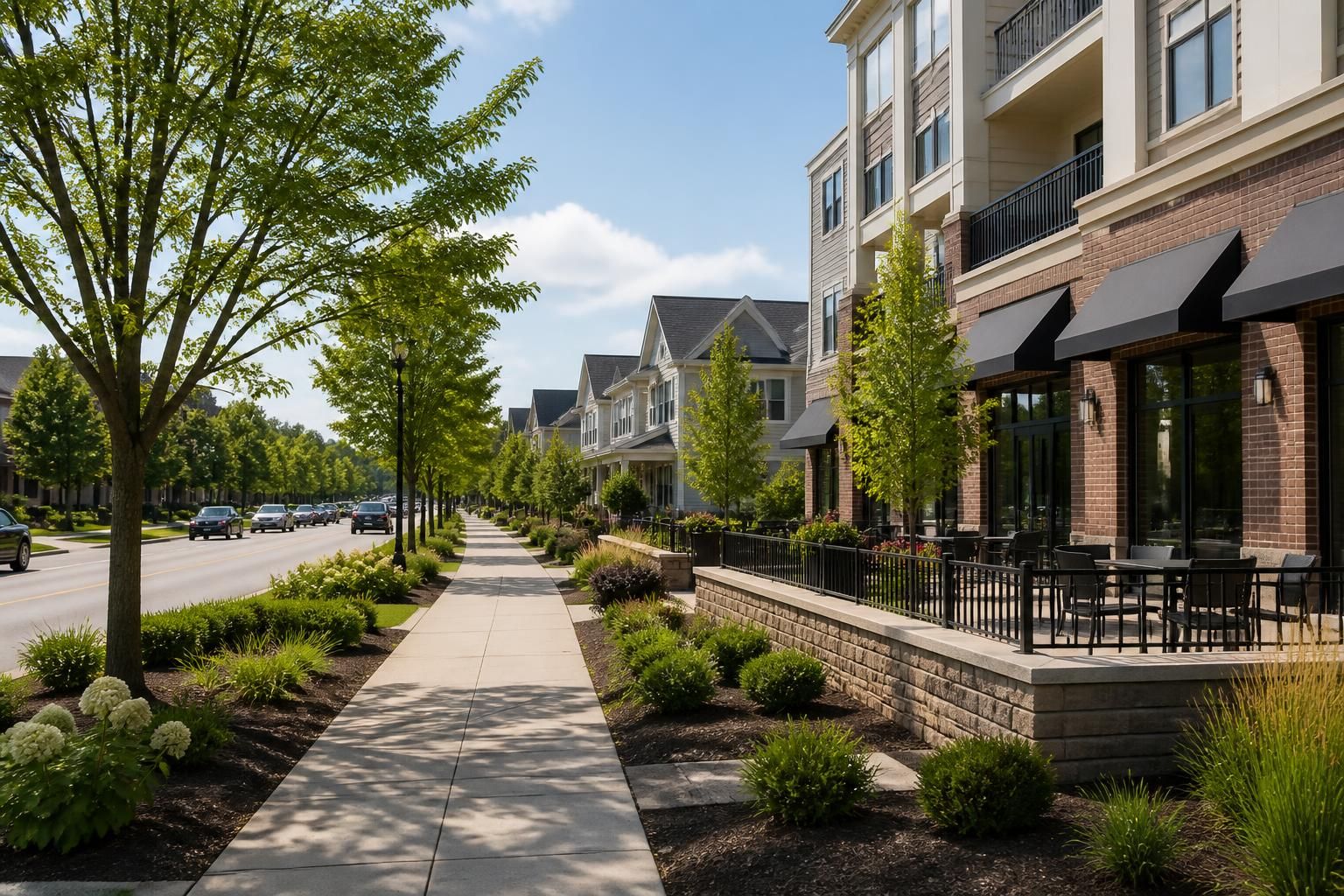 Polished Okemos streetscape with landscaped surroundings and suburban charm.