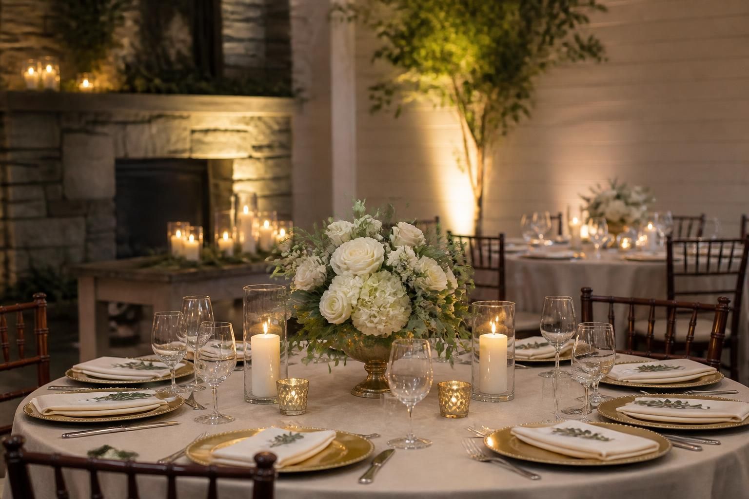 Partially customized event setup with cohesive decor and styled tables.