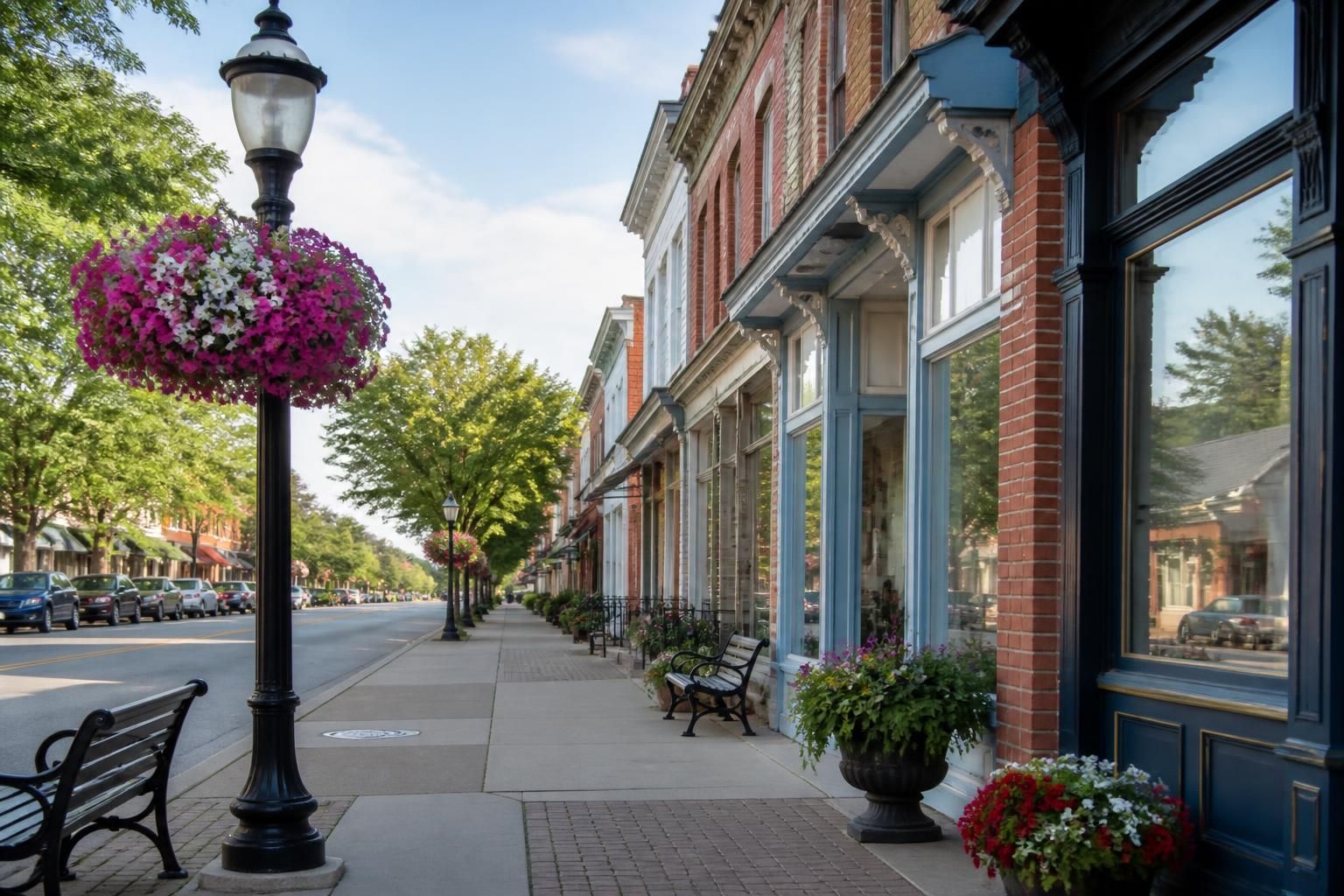 Clean St. Johns downtown block with classic small-town charm.